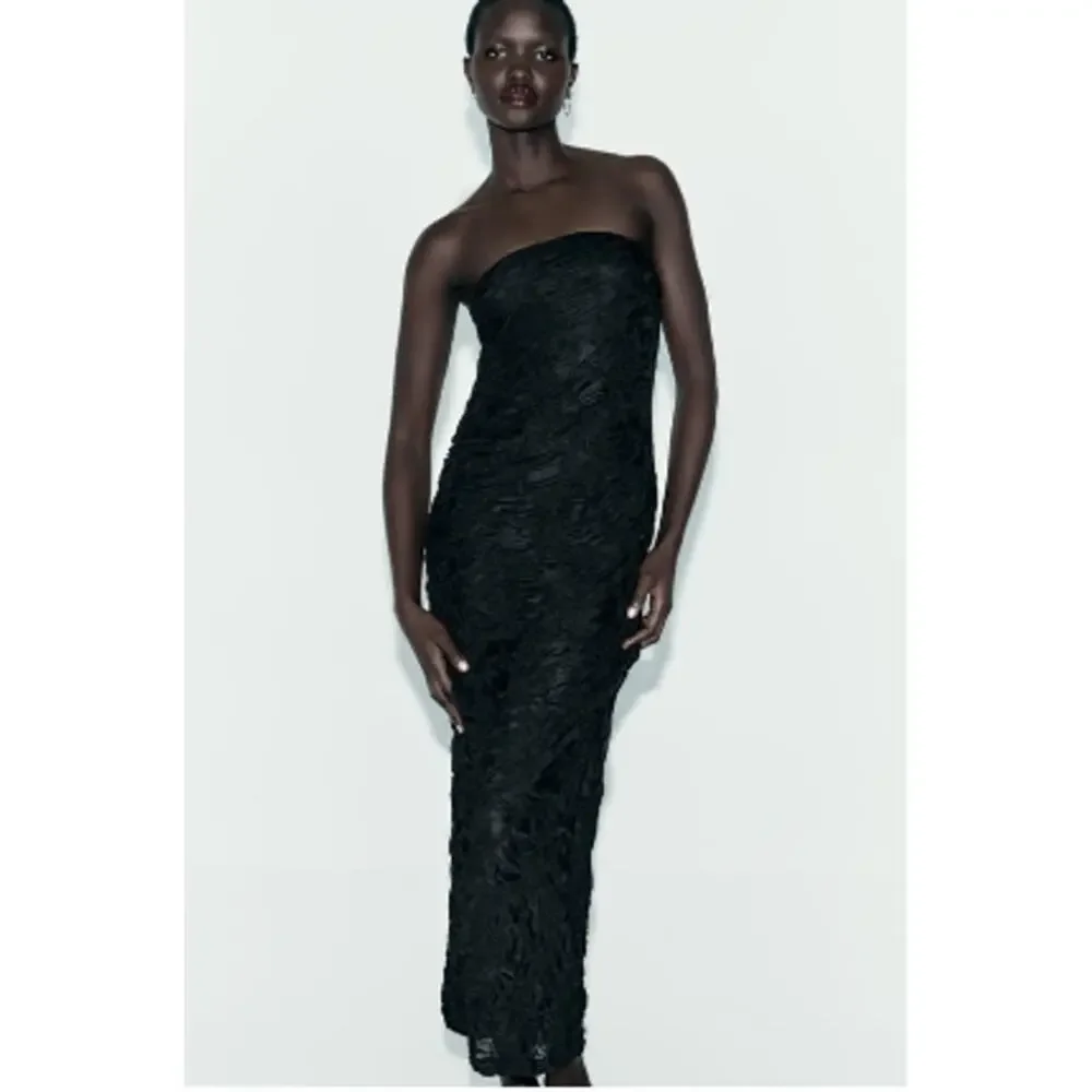 Zara Black Ruched Lace Strapless Midi / Maxi Dress Size Small